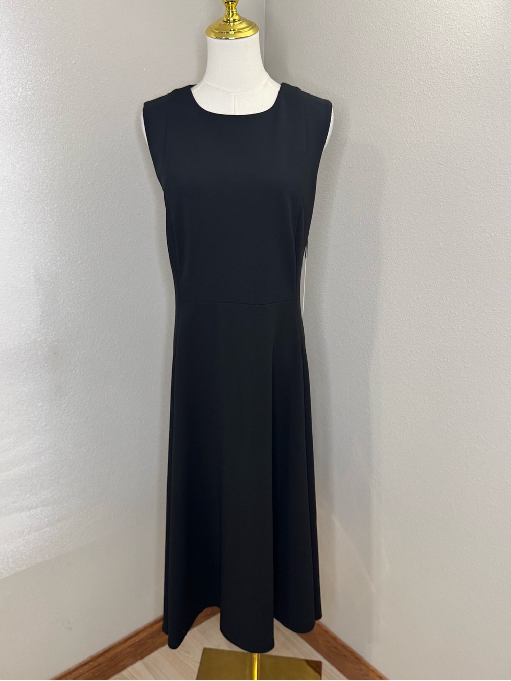 Calvin Klein Women 14W Black Sleeveless Fit Flare Midi Dress Gold Zip NWT